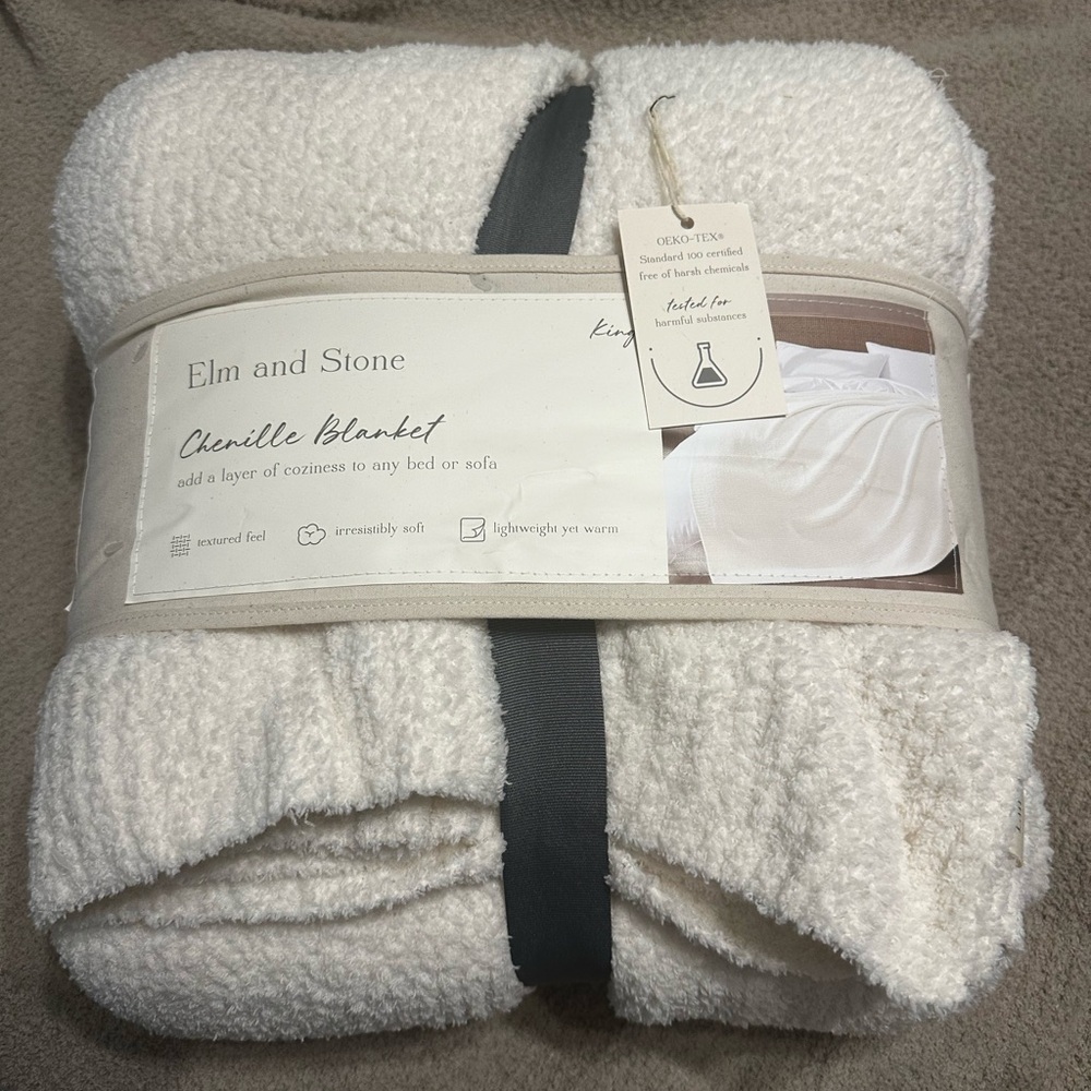 Elm & Stone Chenille Blanket Throw KING white ivory Bedding NEW